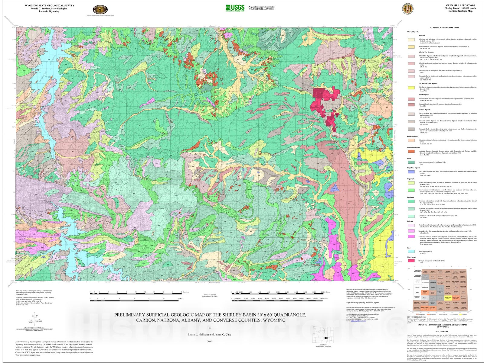 Map : Preliminary Surficial Geologic Map of the Shirley Basin 30' x 60' Quadrangle, Carbon, Natrona, Albany and Converse Counties, Wyoming, 2007 Cartography Wall Art :