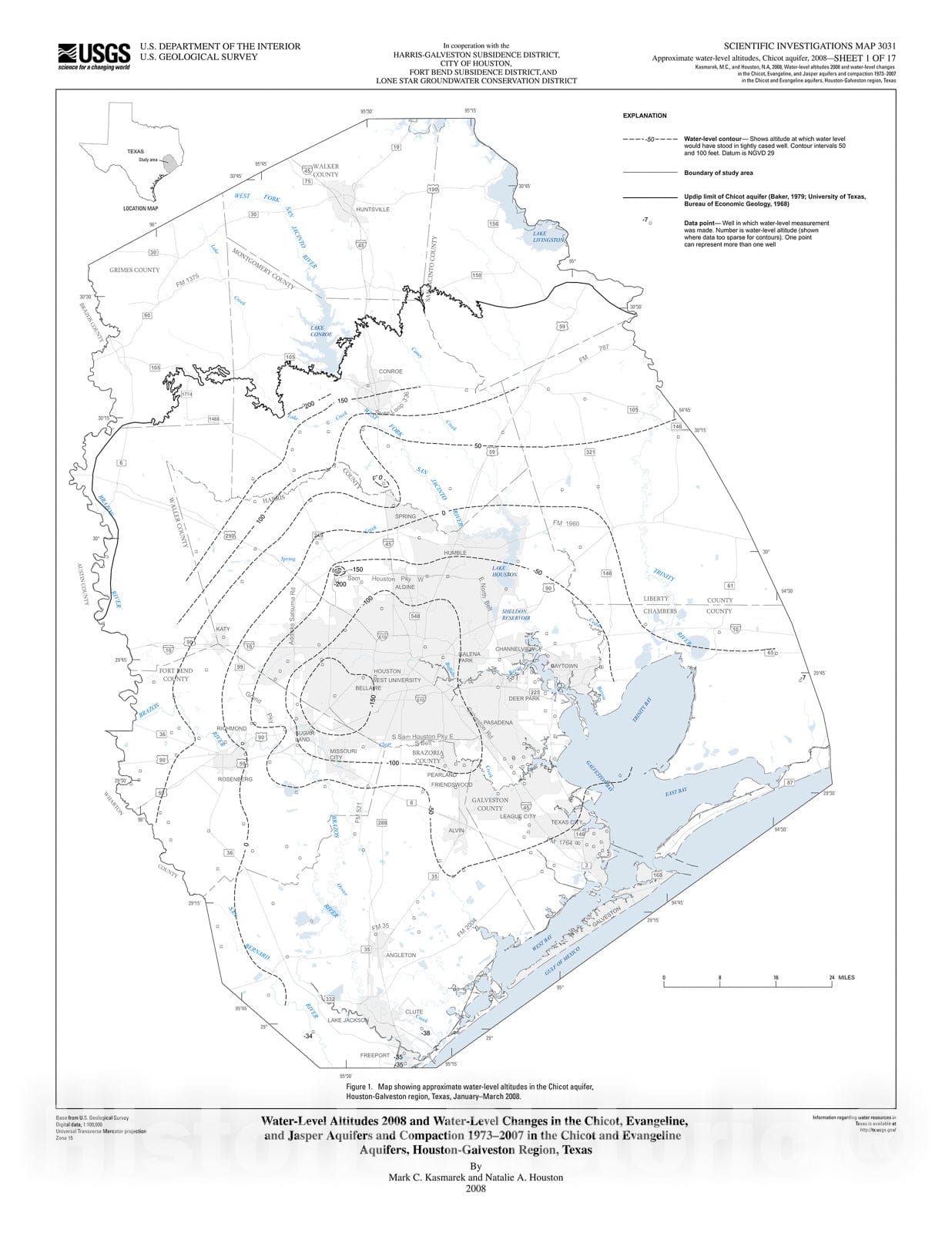 Map : Water-level altitudes 2008 and water-level changes Chicot, Evangeline, and Jasper aquifers and compaction 1973-2007, 2008 Cartography Wall Art :