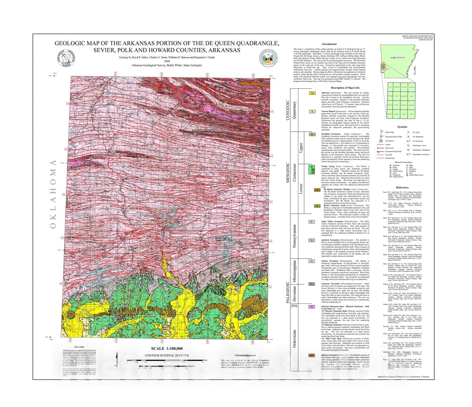 Map : Geologic map of the Arkansas portion of the De Queen 1:100,000 Quadrangle, Sevier, Polk and Howard Counties, Arkansas, 2008 Cartography Wall Art :
