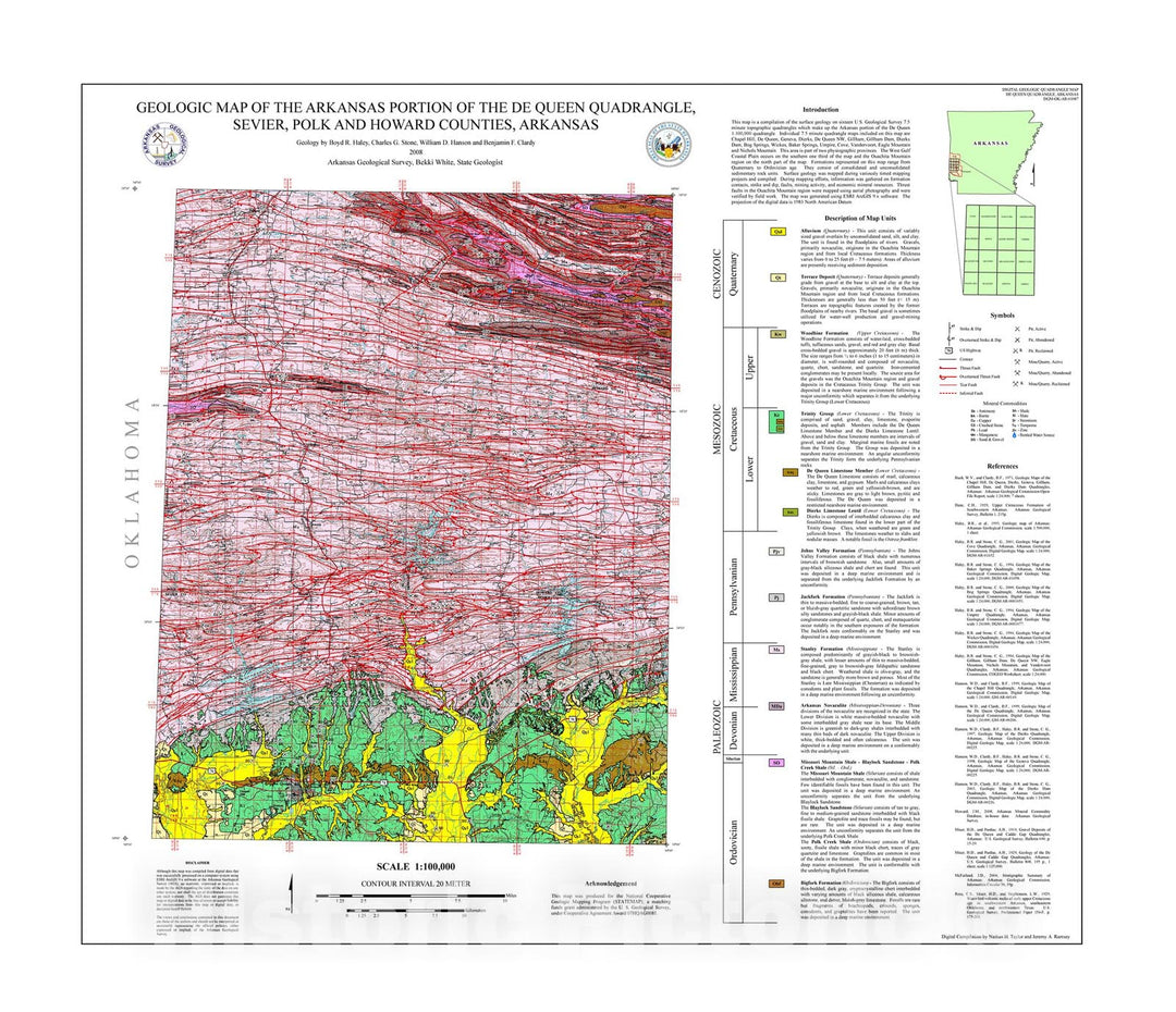 Map : Geologic map of the Arkansas portion of the De Queen 1:100,000 Quadrangle, Sevier, Polk and Howard Counties, Arkansas, 2008 Cartography Wall Art :
