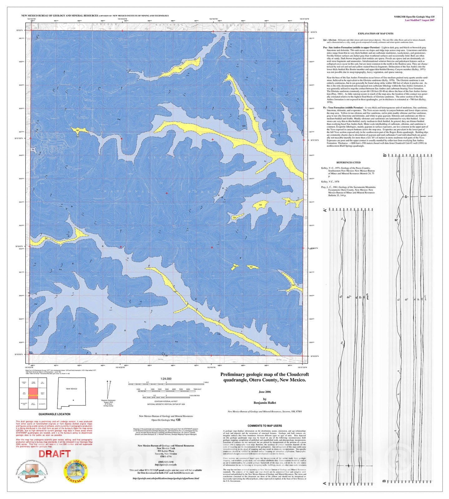 Map : Preliminary geologic map of the Cloudcroft quadrangle, Otero County, New Mexico, 2007 Cartography Wall Art :