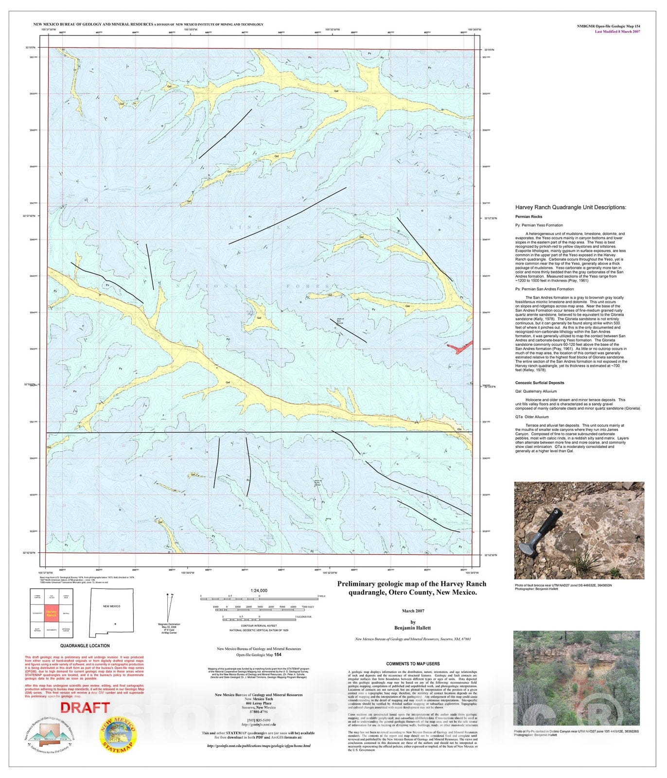 Map : Preliminary geologic map of the Harvey Ranch quadrangle, Otero County, New Mexico, 2007 Cartography Wall Art :