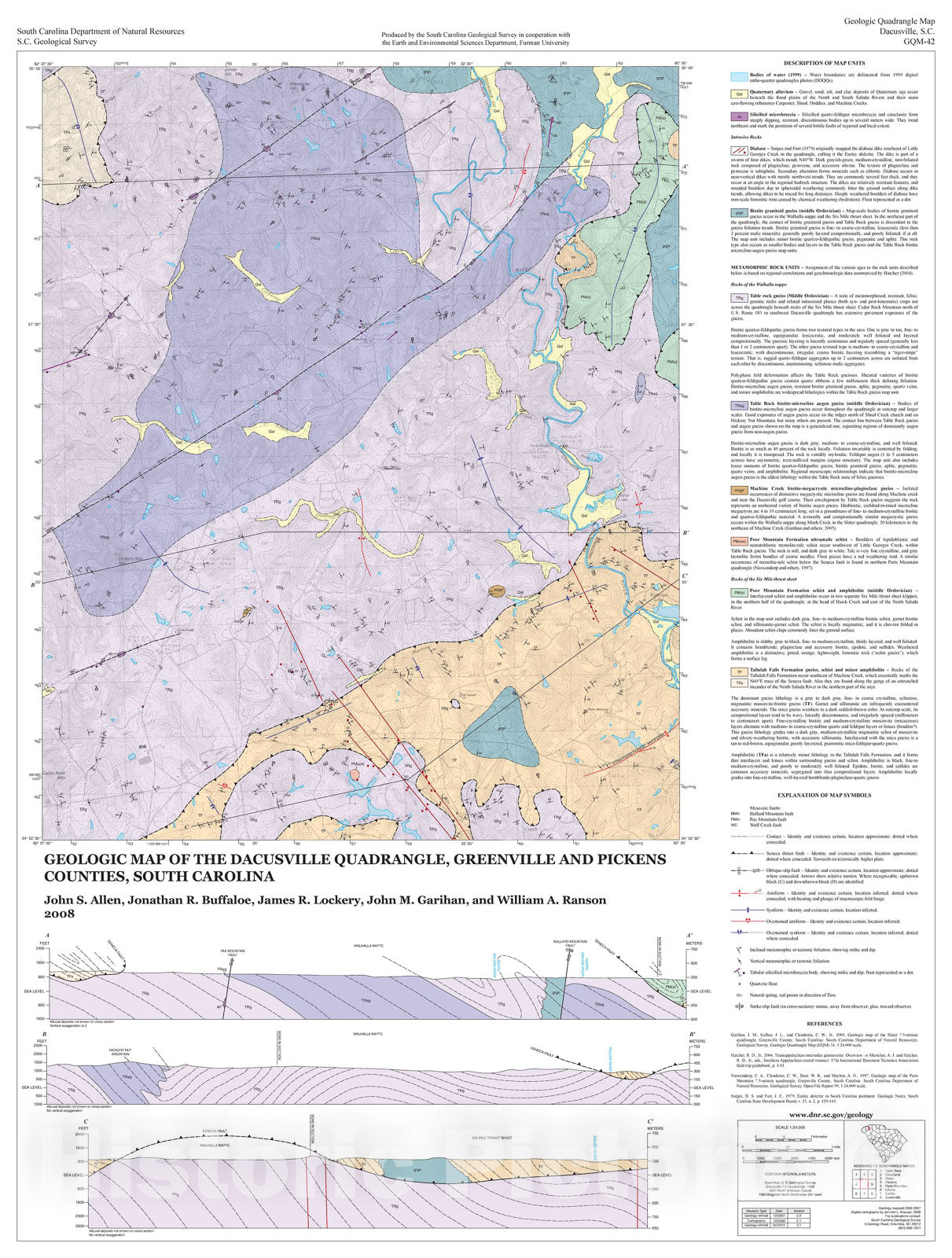 Map : Geologic map of the Dacusville quadrangle, Greenville and Pickens Counties, South Carolina , 2008 Cartography Wall Art :