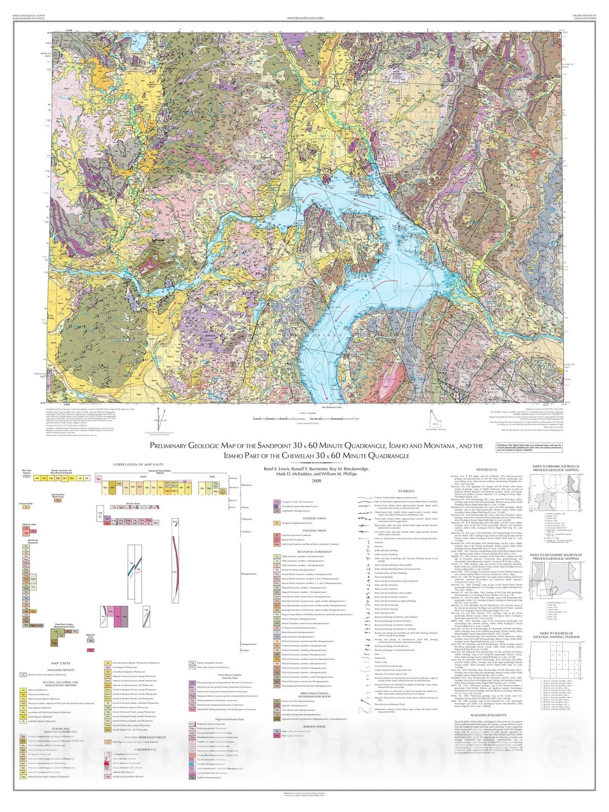 Map : Preliminary Geologic Map of the Sandpoint thirty x sixty Minute Quadrangle, Idaho and Montana, and the Idaho Part of the Chewelah thirty x sixty Minute Quadrangle, 2008 Cartography Wall Art :
