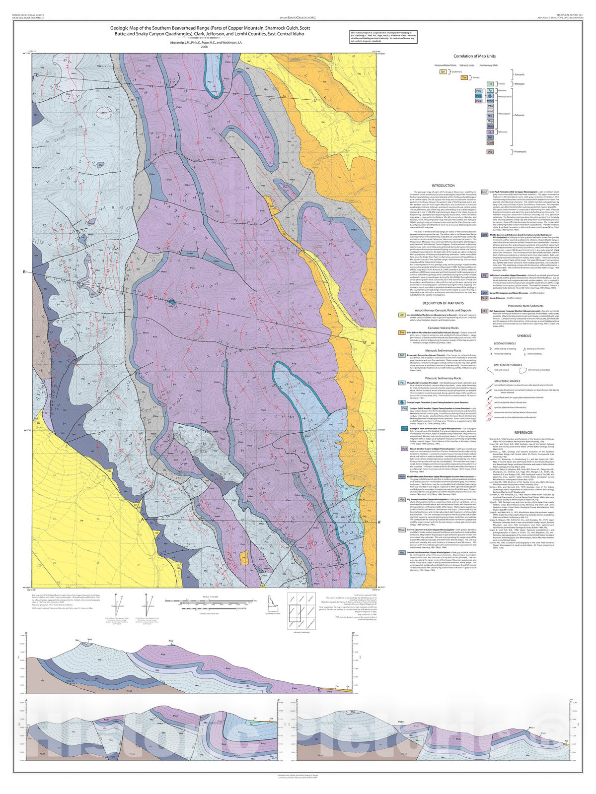 Map : Geologic Map of the Southern Beaverhead Range (Parts of Copper Mountain, Shamrock Gulch, Scott Butte, and Snaky Canyon Quadrangles, 2008 Cartography Wall Art :