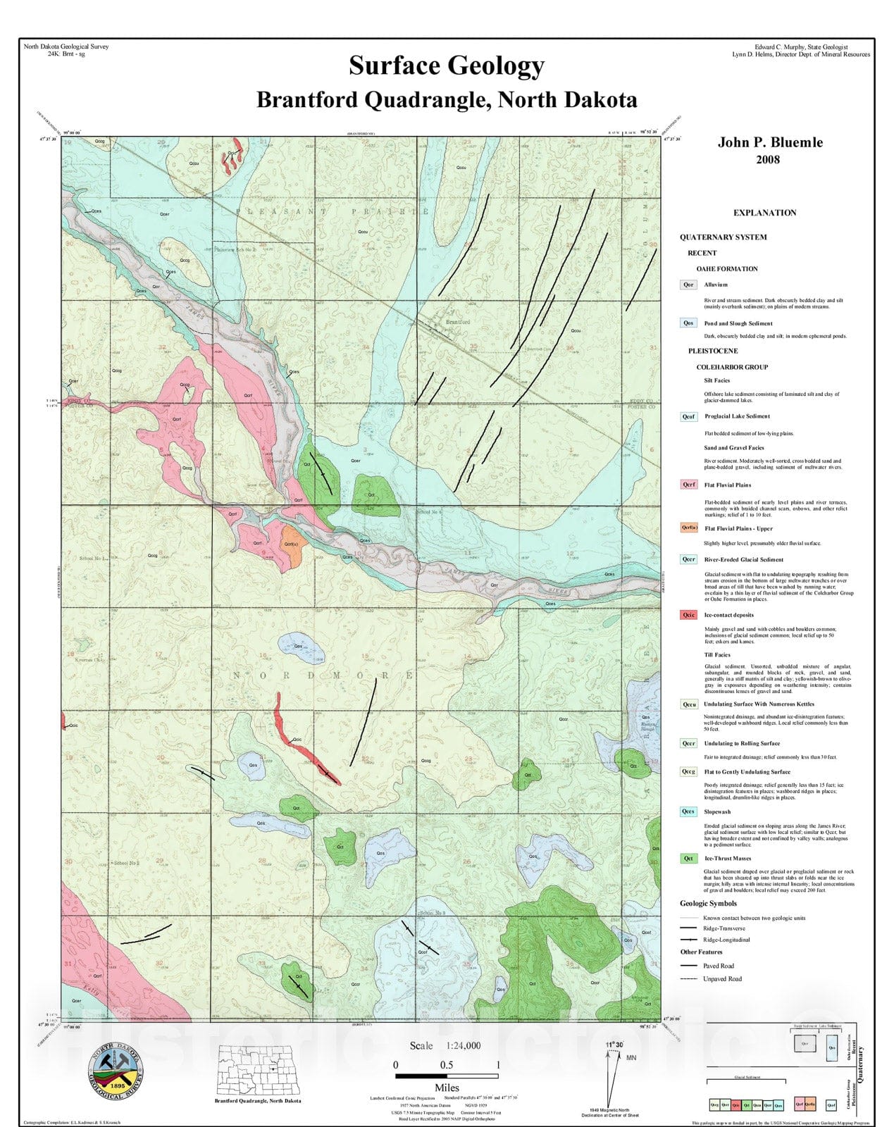 Map : Surface geology map of Brantford Quad, ND, 2008 Cartography Wall Art :