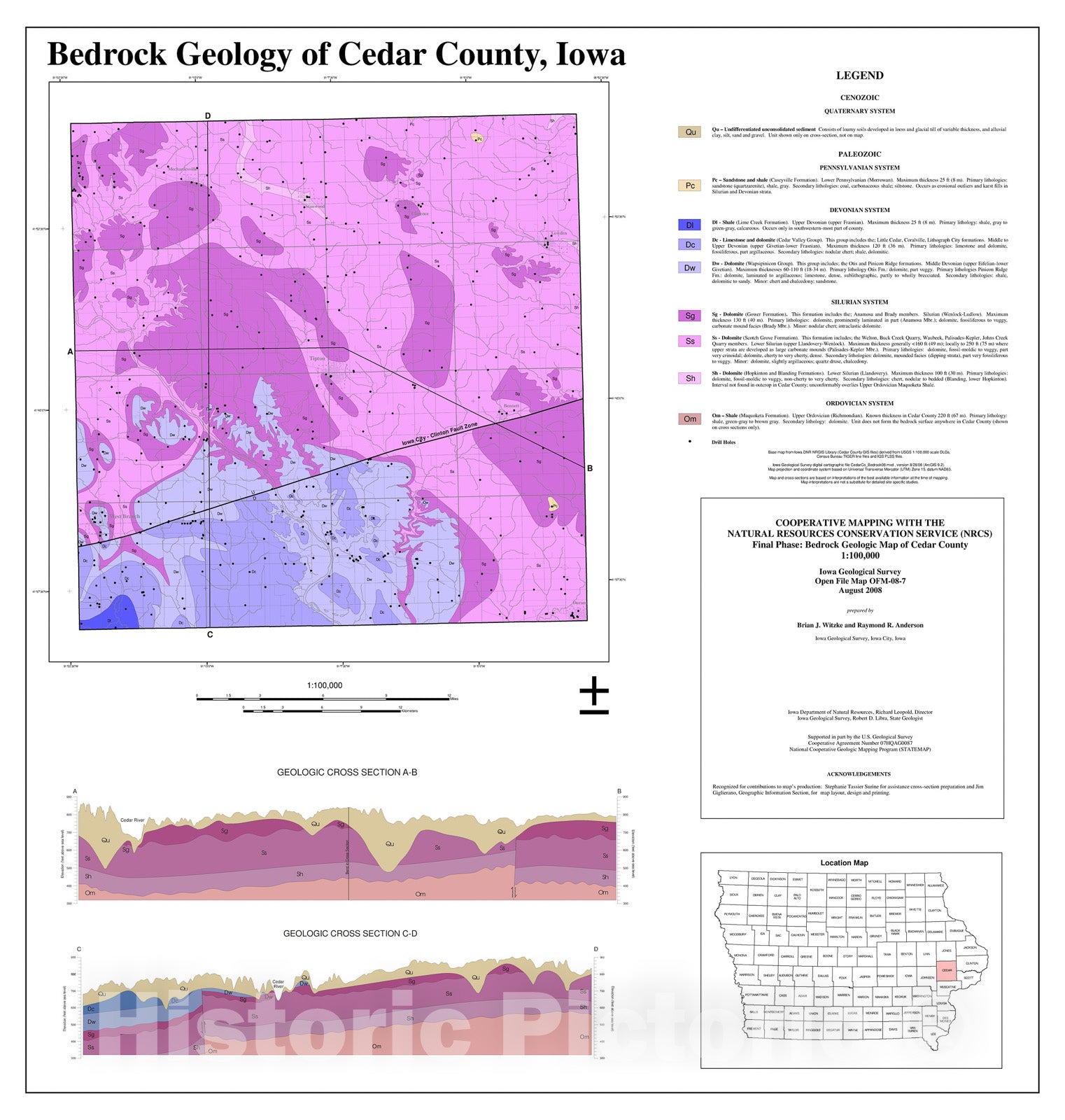 Map : Bedrock Geology of Cedar County, Iowa Final Phase: Bedrock Geologic Map of Cedar County 1:100,000, 2008 Cartography Wall Art :