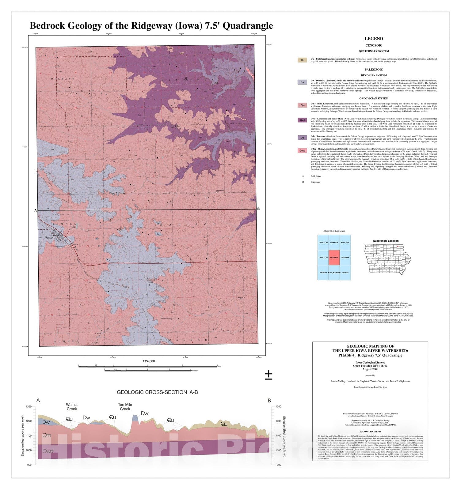 Map : Bedrock Geology of the Upper Iowa River Watershed: Phase 4: Ridgeway 7.5' Quadrangle, 2008 Cartography Wall Art :