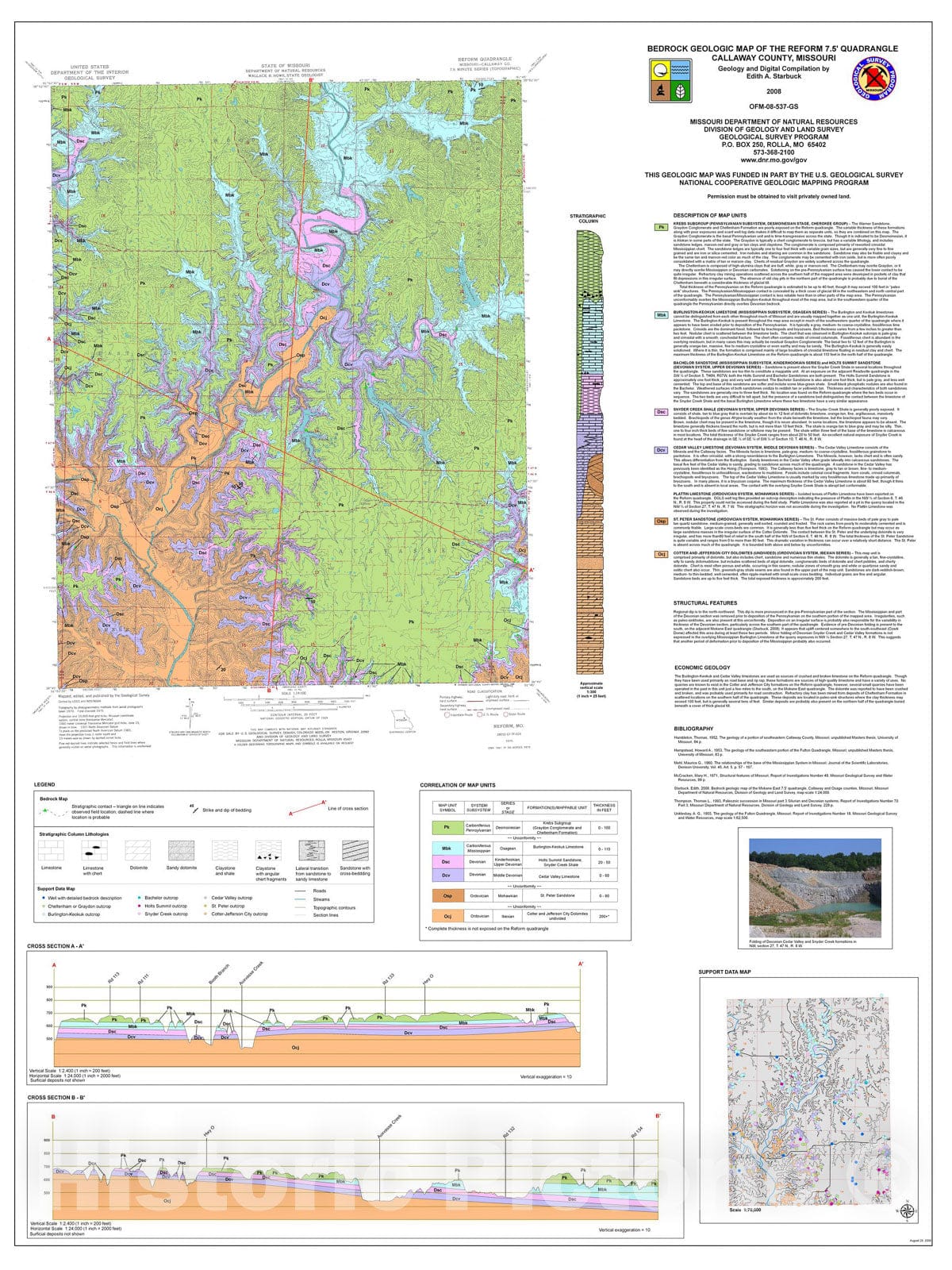 Map : Bedrock geologic map of the Reform 7.5' quadrangle Callaway County, Missouri, 2008 Cartography Wall Art :