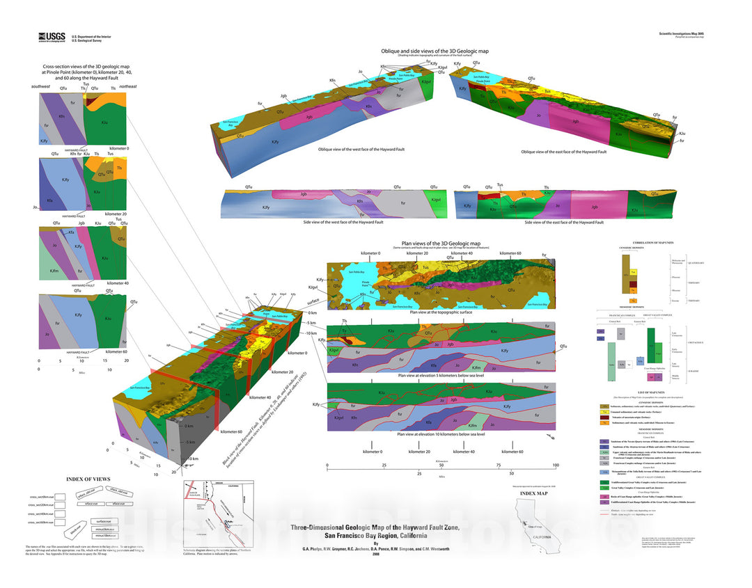Map : Three-dimensional geologic map of the Hayward fault zone, San Francisco Bay region, California, 2008 Cartography Wall Art :