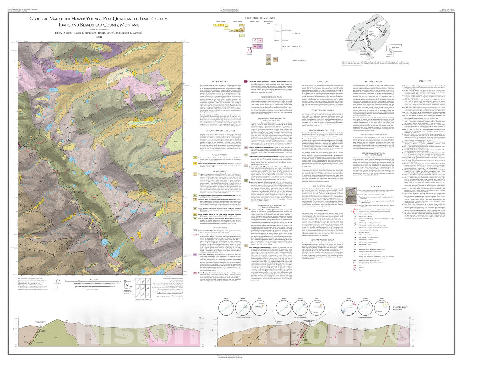 Map : Geologic map of the Homer Youngs Peak quadrangle, Lemhi County, Idaho and Beaverhead County, Montana, 2008 Cartography Wall Art :