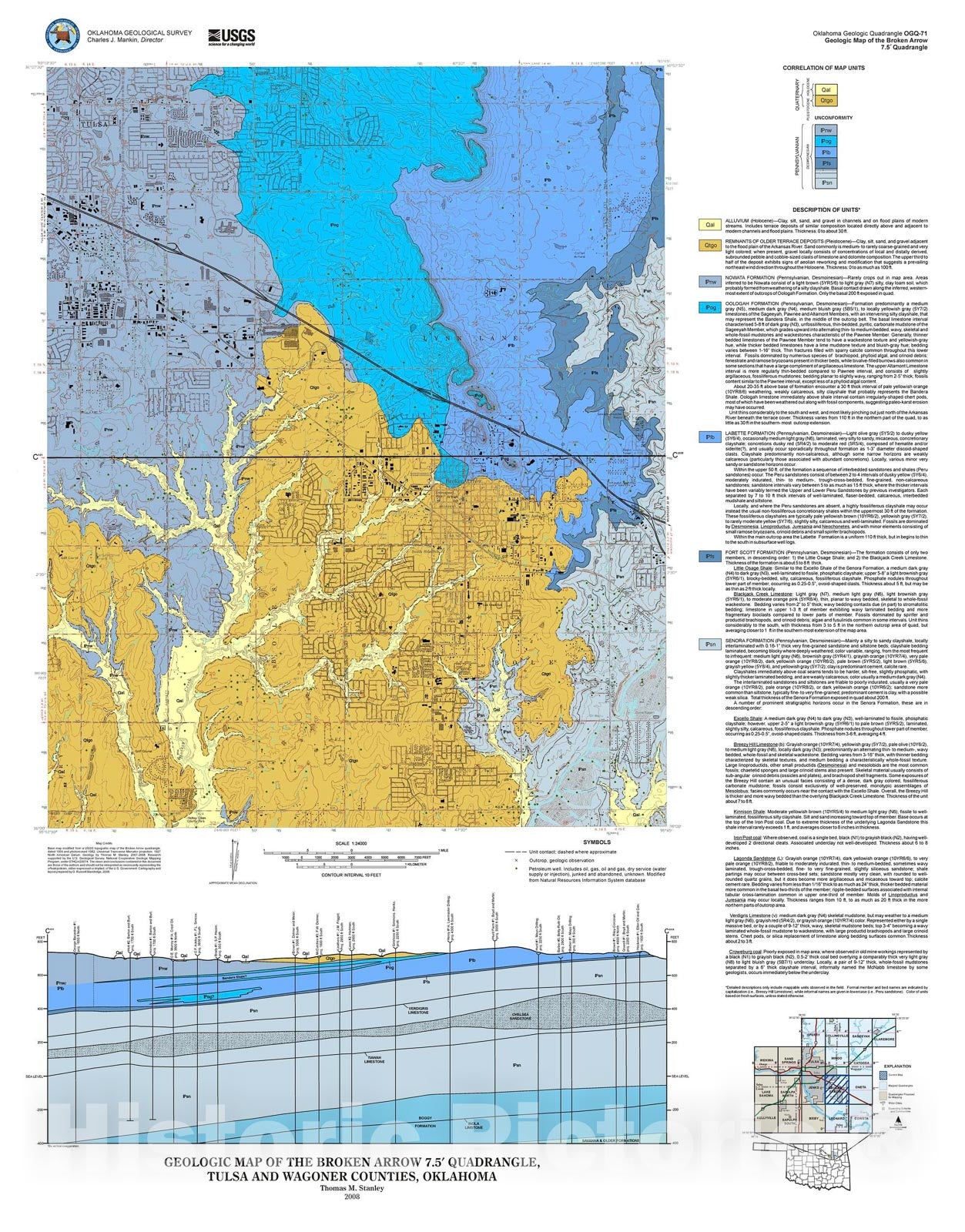 Map : Geologic map of the Broken Arrow quadrangle, Tulsa and Wagoner Counties, Oklahoma, 2008 Cartography Wall Art :