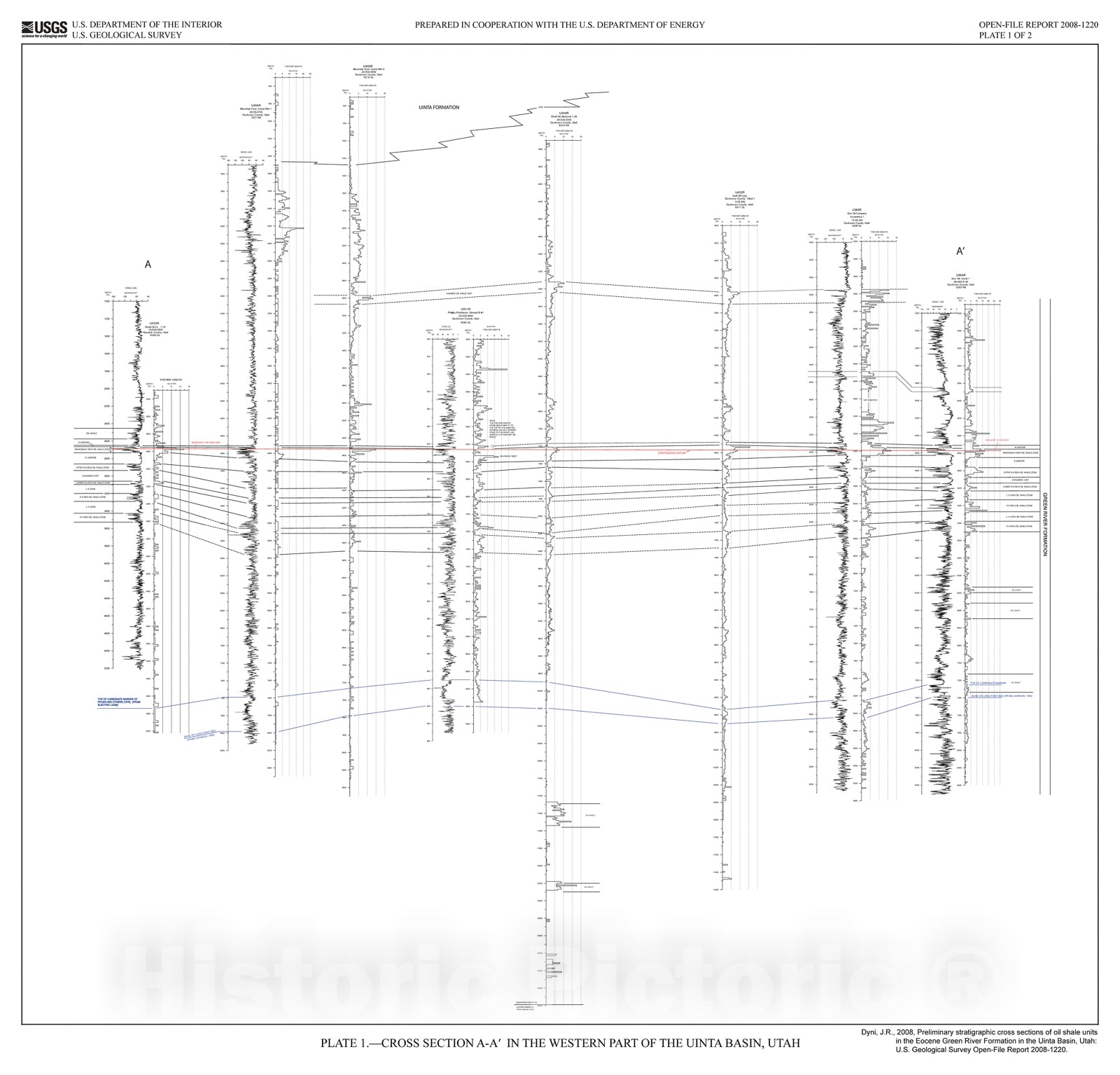 Map : Preliminary stratigraphic cross sections of oil shale in the Eocene Green River Formation, Uinta Basin, Utah, 2008 Cartography Wall Art :