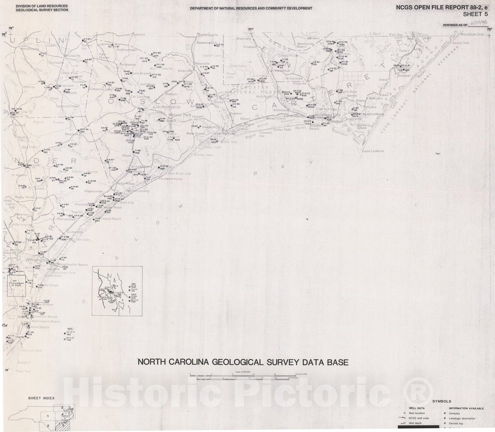 Map : North Carolina Geological Survey Database Maps- Sheet 5: Beaufort one Degree x two Degree Quadrangle, one988 Cartography Wall Art :