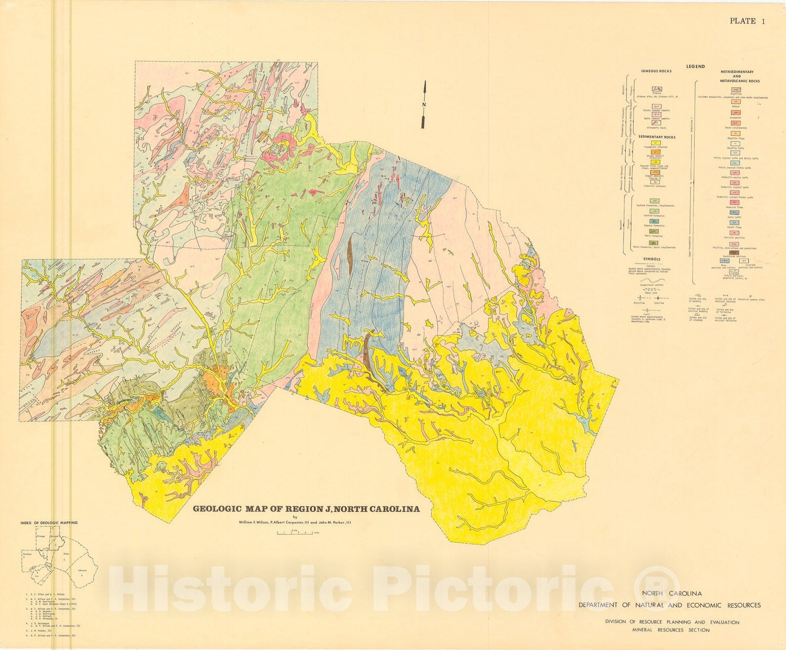 Map : Geologic Map of Region J (Chatham, Durham, Johnston, Lee, Orange and Wake counties, North Carolina), 1981 Cartography Wall Art :