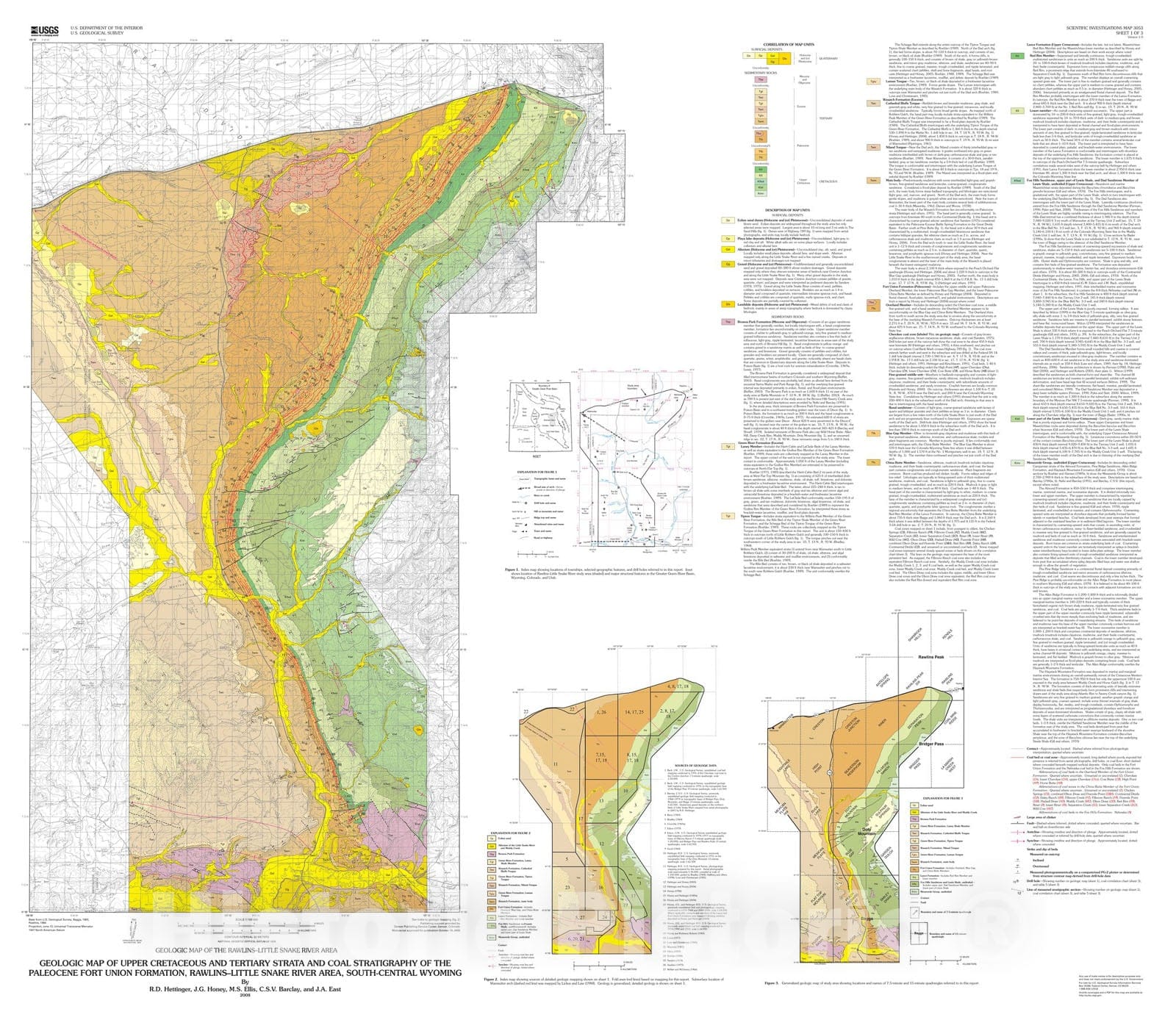 Map : Geologic map of Upper Cretaceous and Tertiary strata and coal stratigraphy of the Paleocene Fort Union Formation, Rawlins-Little S, 2008 Cartography Wall Art :