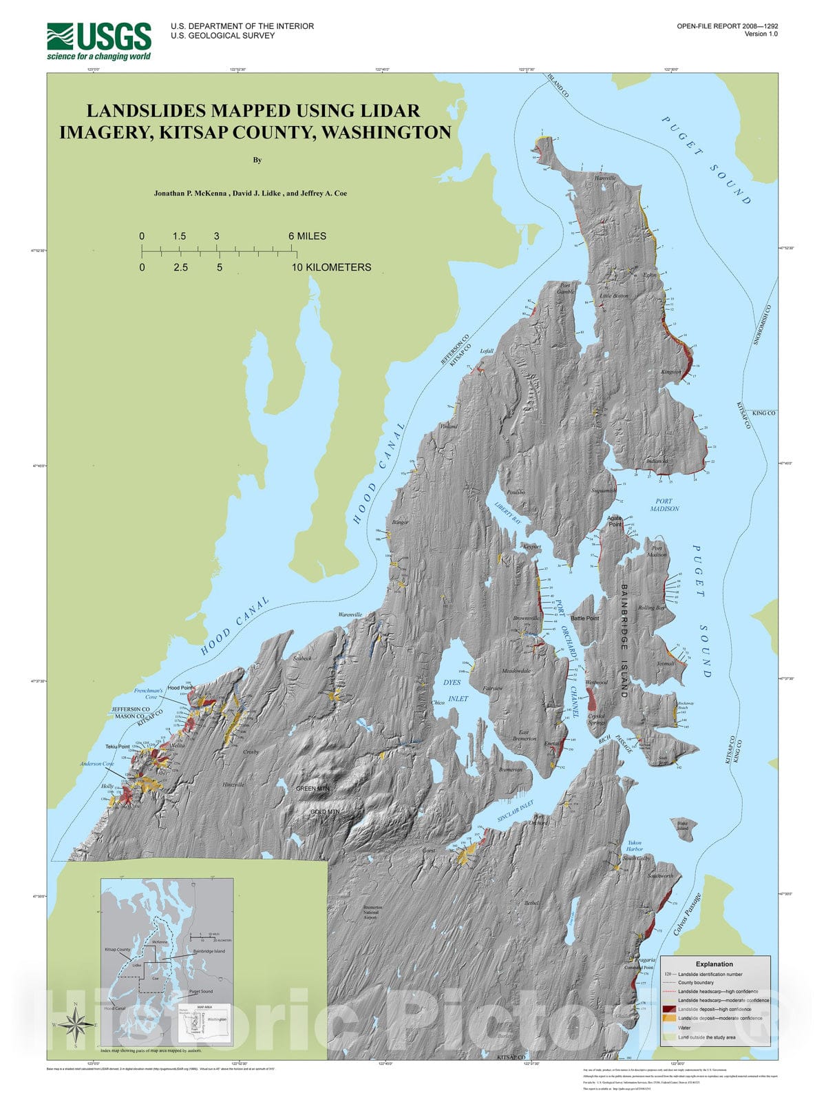 Map : Landslides mapped from LIDAR imagery, Kitsap County, Washington, 2008 Cartography Wall Art :