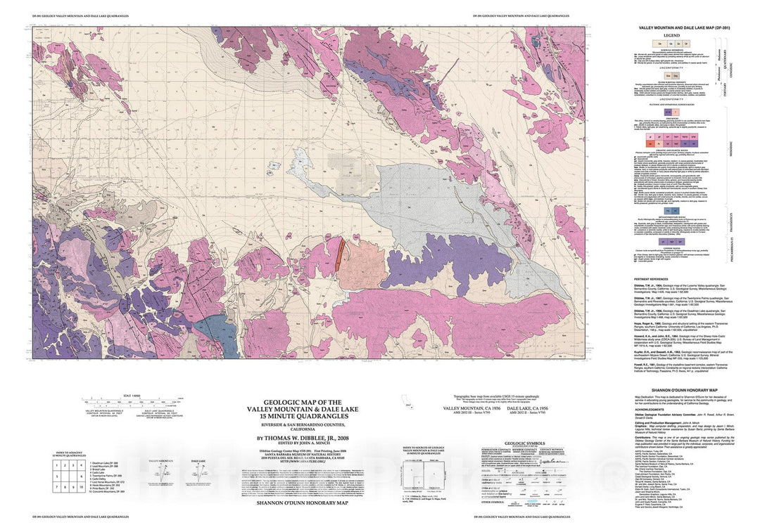 Map : Geologic map of the Valley Mountain & Dale Lake fifteen minute quadrangles, Riverside and San Bernardino Counties, California, 2008 Cartography Wall Art :