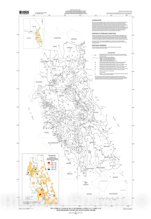 Map : Potentiometric surface of the upper Floridan aquifer in the St. Johns River Water Management District and vicinity, Florida, May 2008, 2008 Cartography Wall Art :