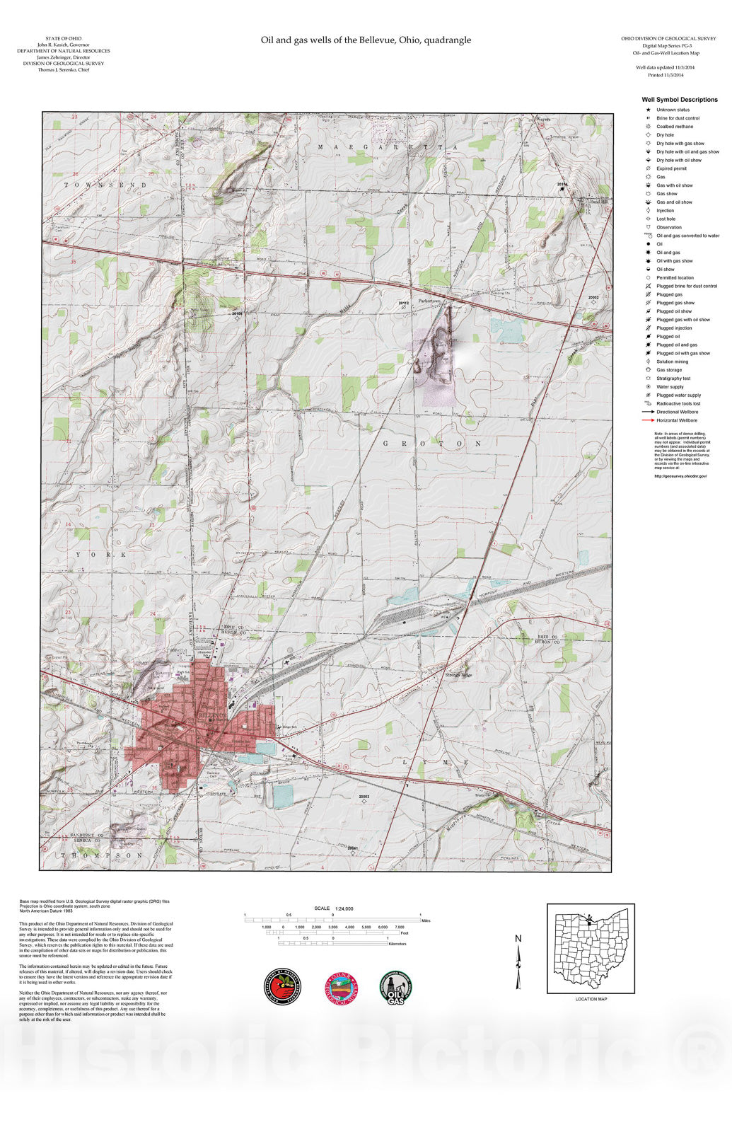 Map : Oil and gas wells of the Bellevue quadrangle [Revised bi-weekly], 2006 Cartography Wall Art :