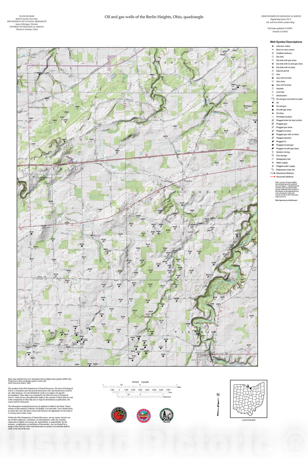 Map : Oil and gas wells of the Berlin Heights quadrangle [Revised bi-weekly], 2006 Cartography Wall Art :