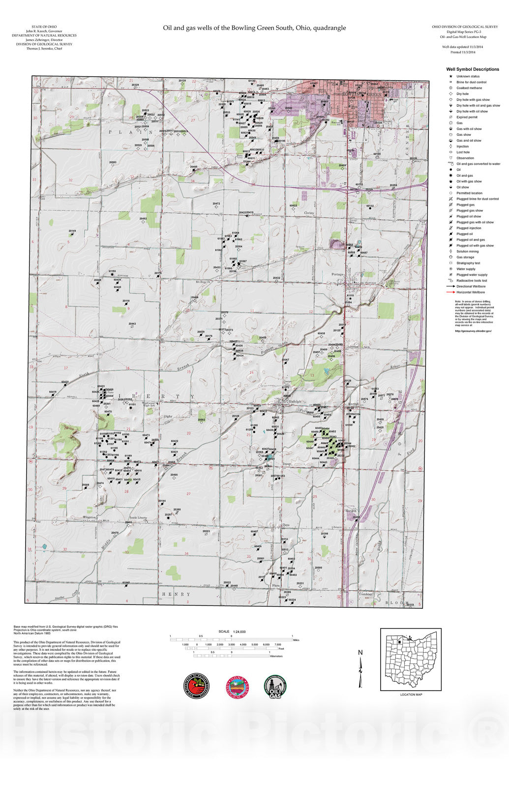 Map : Oil and gas wells of the Bowling Green South quadrangle [Revised bi-weekly], 2006 Cartography Wall Art :