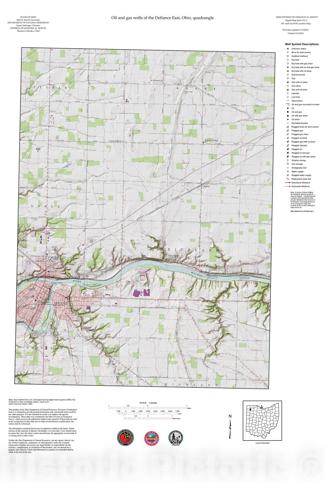 Map : Oil and gas wells of the Defiance East quadrangle [Revised bi-weekly], 2006 Cartography Wall Art :