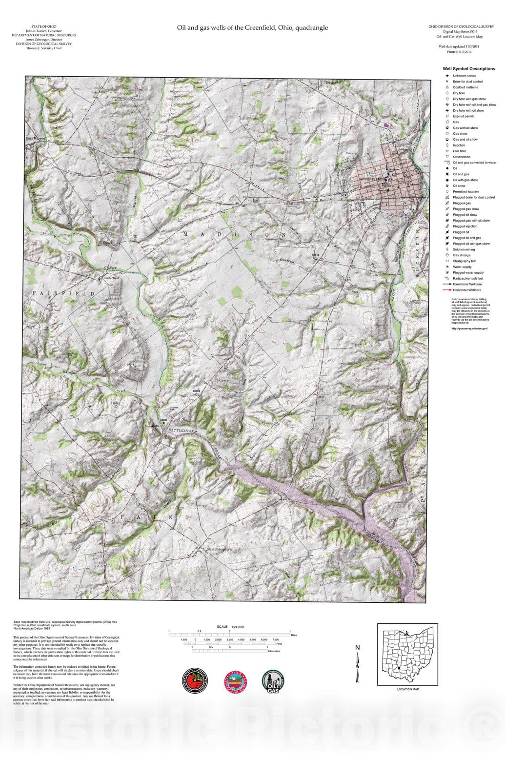Map : Oil and gas wells of the Greenfield quadrangle [Revised bi-weekly], 2006 Cartography Wall Art :