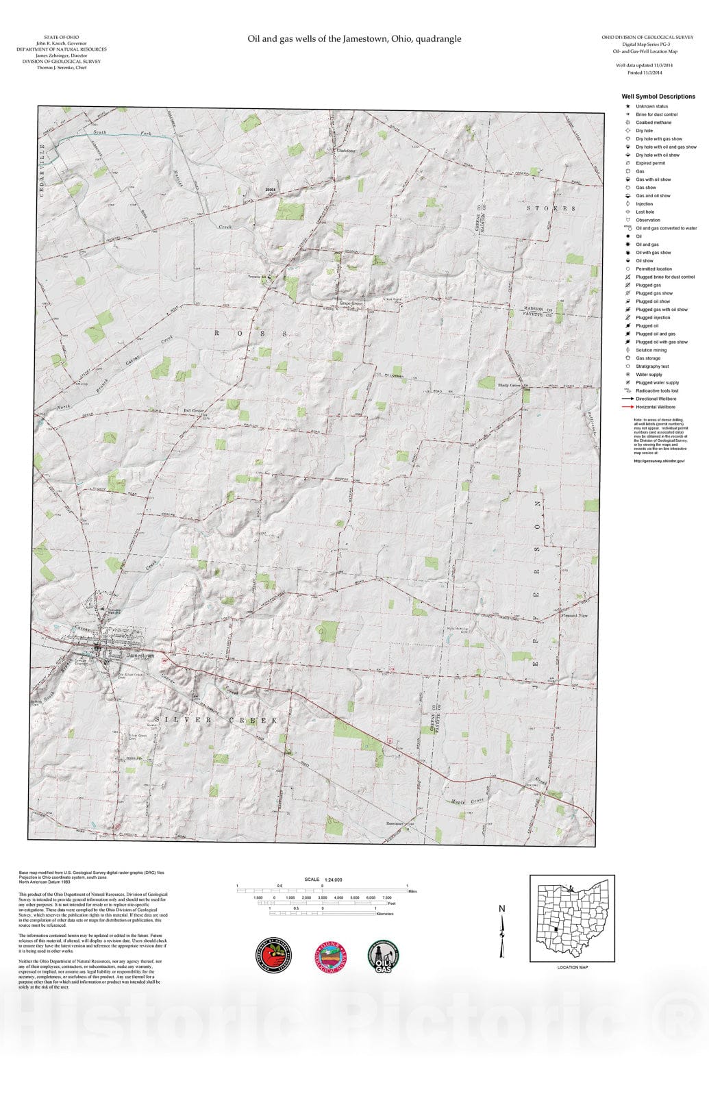 Map : Oil and gas wells of the Jamestown quadrangle [Revised bi-weekly], 2006 Cartography Wall Art :
