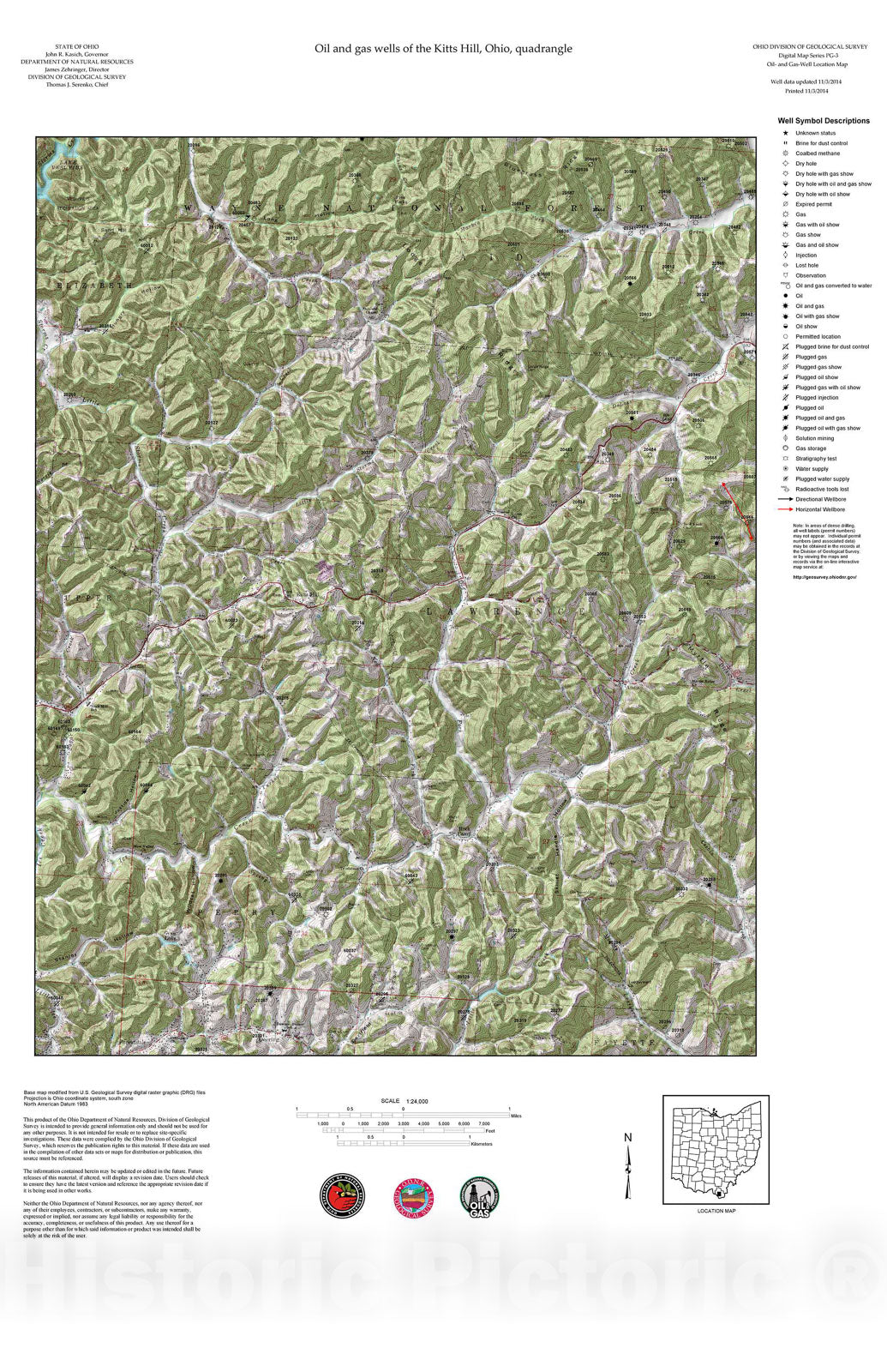 Map : Oil and gas wells of the Kitts Hill quadrangle [Revised bi-weekly], 2006 Cartography Wall Art :
