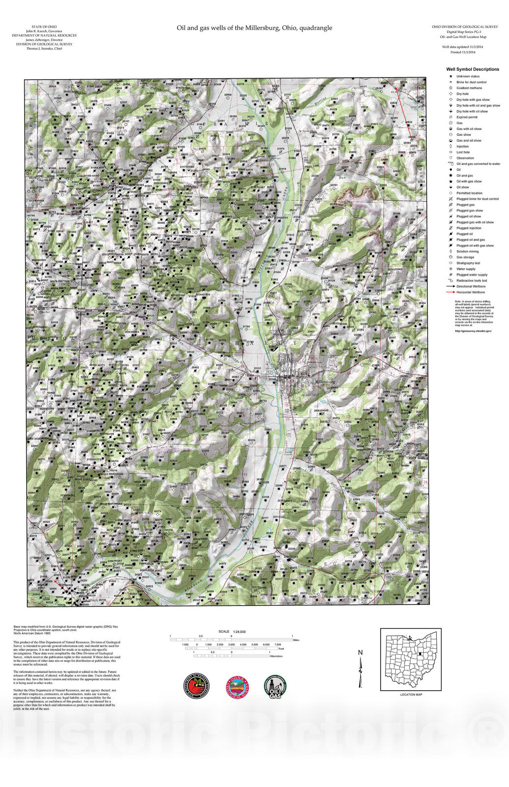 Map : Oil and gas wells of the Millersburg quadrangle [Revised bi-weekly], 2006 Cartography Wall Art :