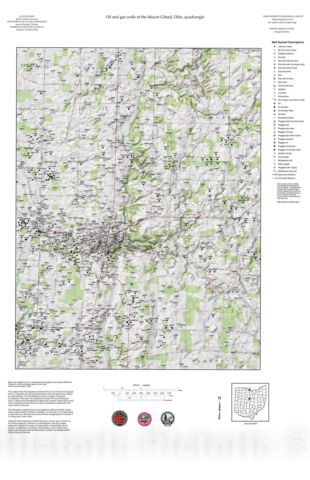 Map : Oil and gas wells of the Mount Gilead quadrangle [Revised bi-weekly], 2006 Cartography Wall Art :