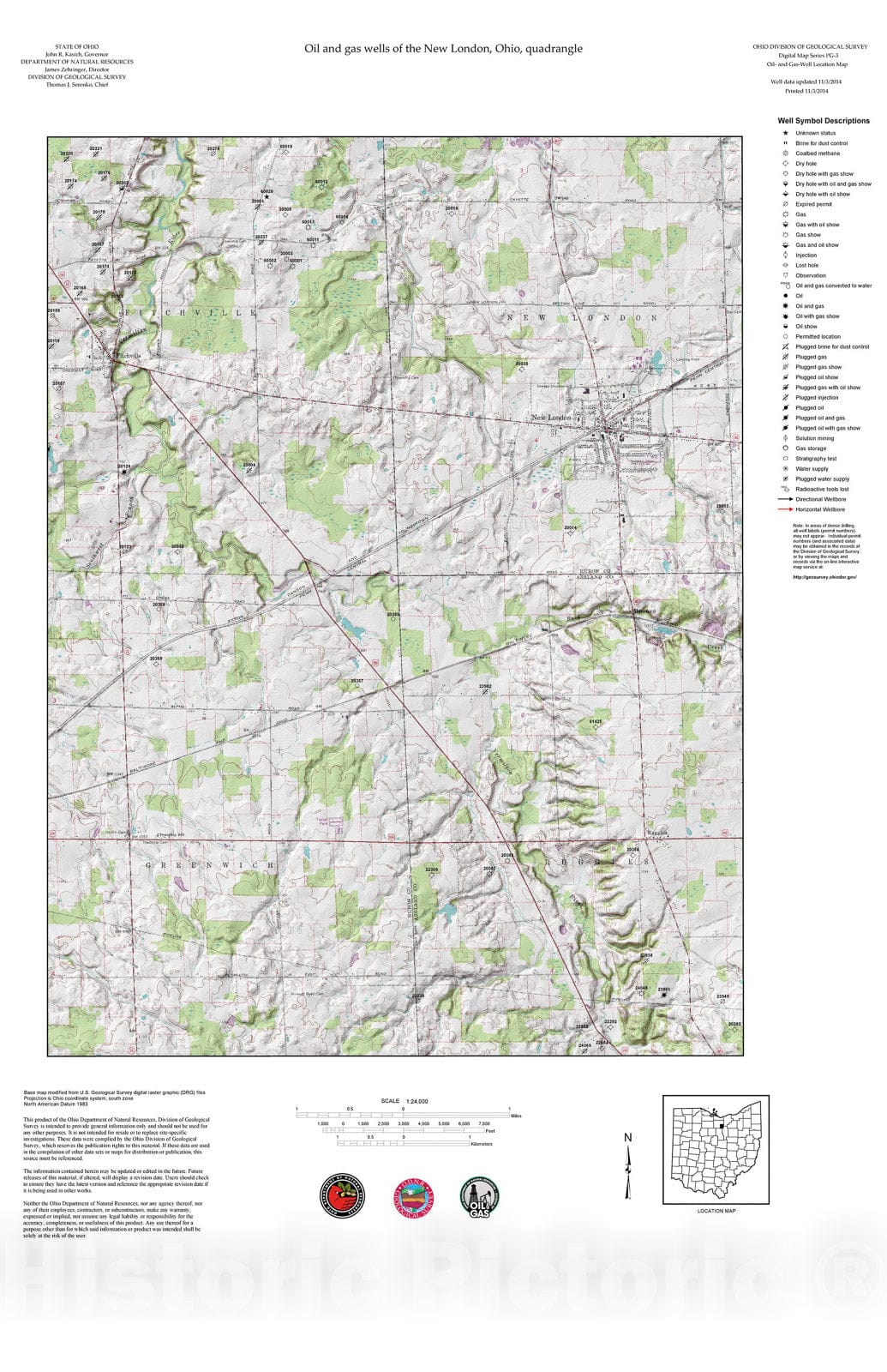 Map : Oil and gas wells of the New London quadrangle [Revised bi-weekly], 2006 Cartography Wall Art :