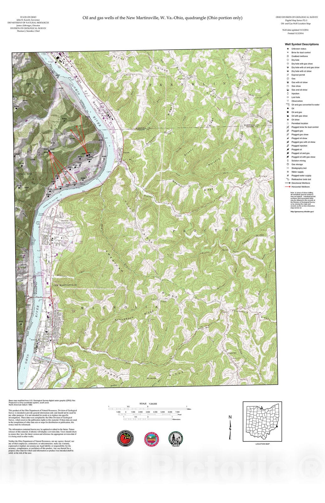 Map : Oil and gas wells of the New Martinsville quadrangle [Revised bi-weekly], 2006 Cartography Wall Art :