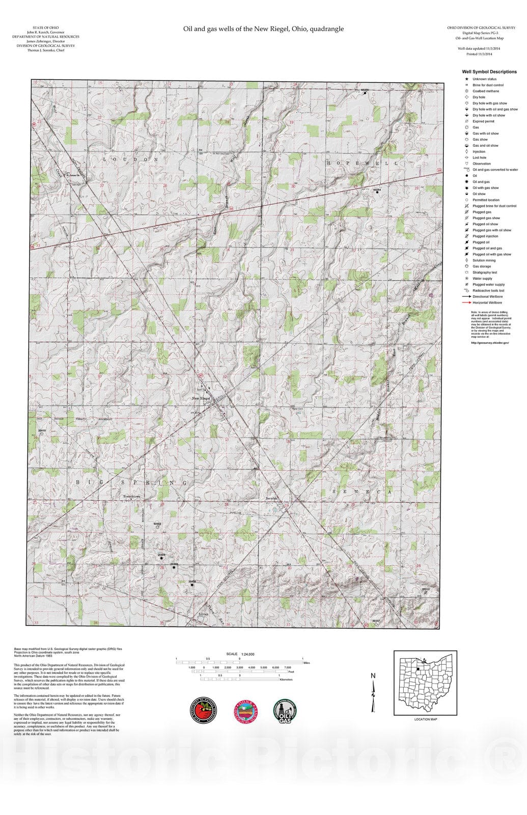 Map : Oil and gas wells of the New Riegel quadrangle [Revised bi-weekly], 2006 Cartography Wall Art :