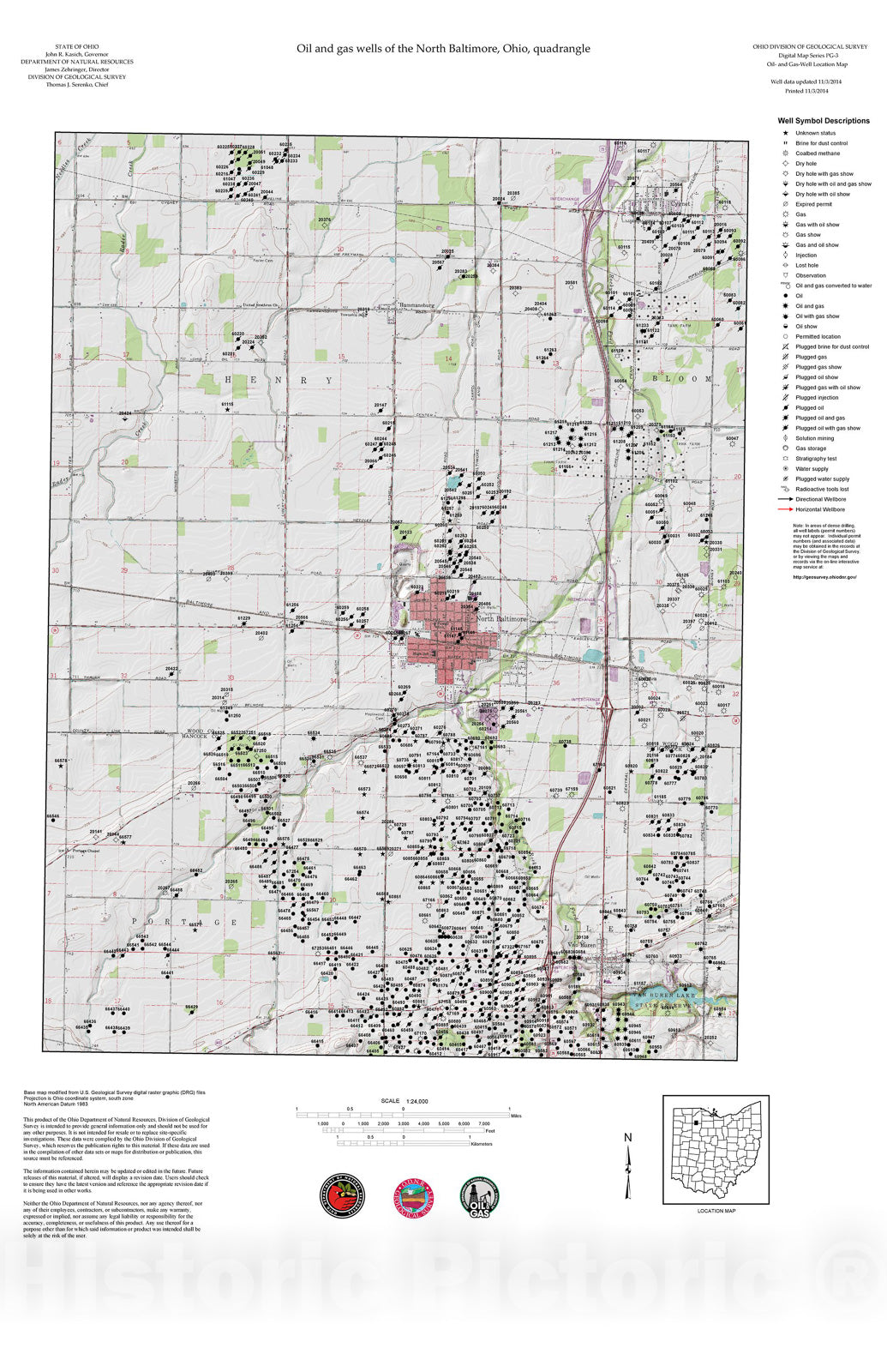 Map : Oil and gas wells of the North Baltimore quadrangle [Revised bi-weekly], 2006 Cartography Wall Art :