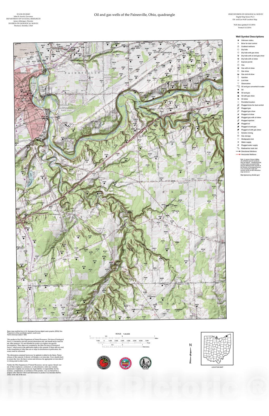 Map : Oil and gas wells of the Painesville quadrangle [Revised bi-weekly], 2006 Cartography Wall Art :