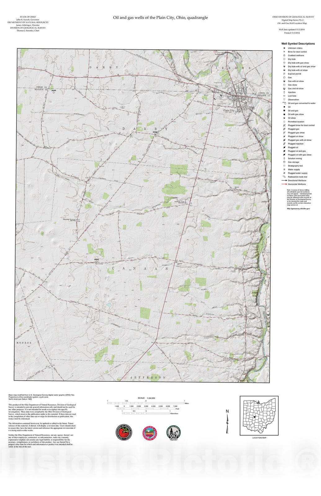 Map : Oil and gas wells of the Plain City quadrangle [Revised bi-weekly], 2006 Cartography Wall Art :