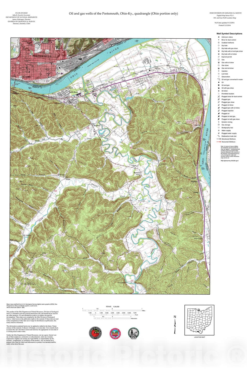 Map : Oil and gas wells of the Portsmouth quadrangle [Revised bi-weekly], 2006 Cartography Wall Art :
