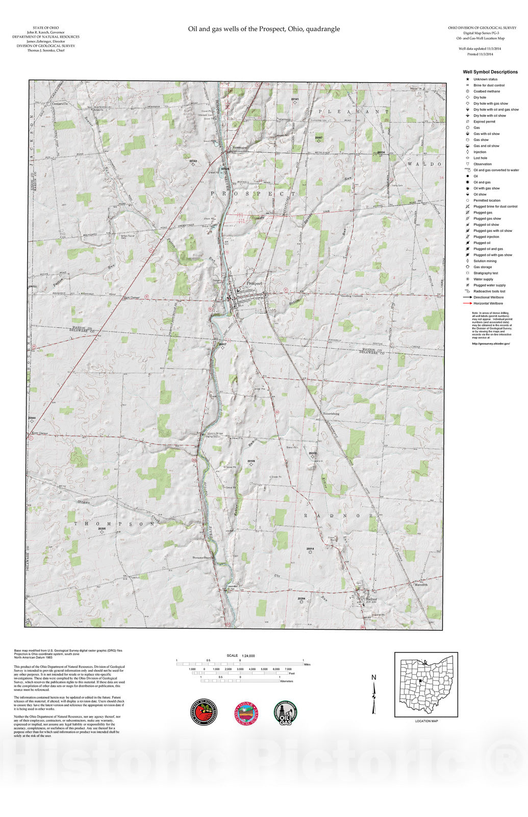 Map : Oil and gas wells of the Prospect quadrangle [Revised bi-weekly], 2006 Cartography Wall Art :