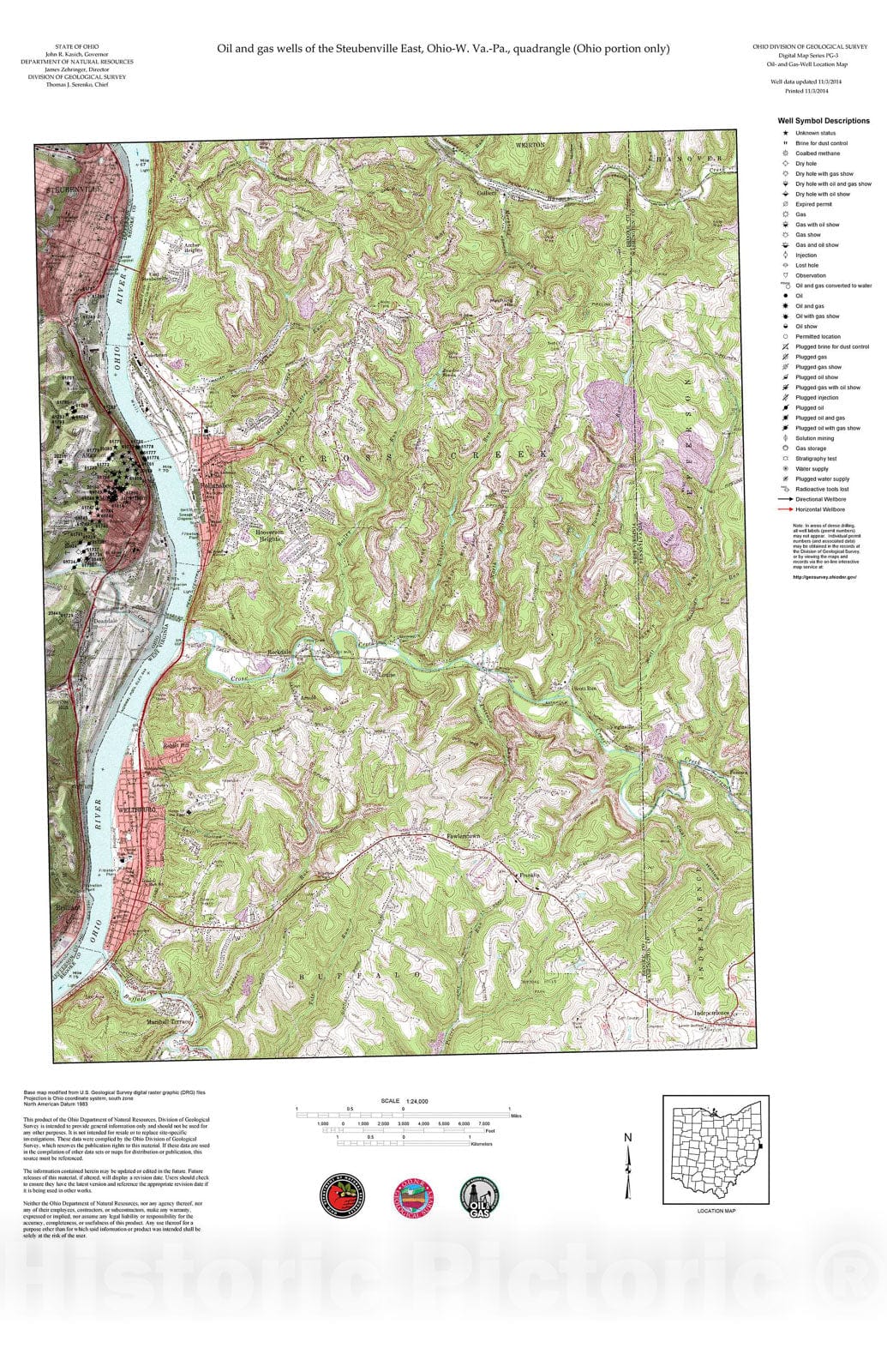Map : Oil and gas wells of the Steubenville East quadrangle [Revised bi-weekly], 2006 Cartography Wall Art :