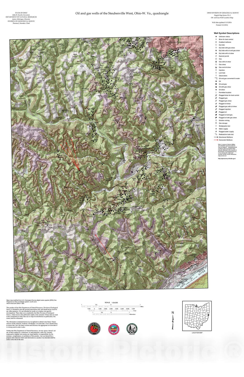 Map : Oil and gas wells of the Steubenville West quadrangle [Revised bi-weekly], 2006 Cartography Wall Art :