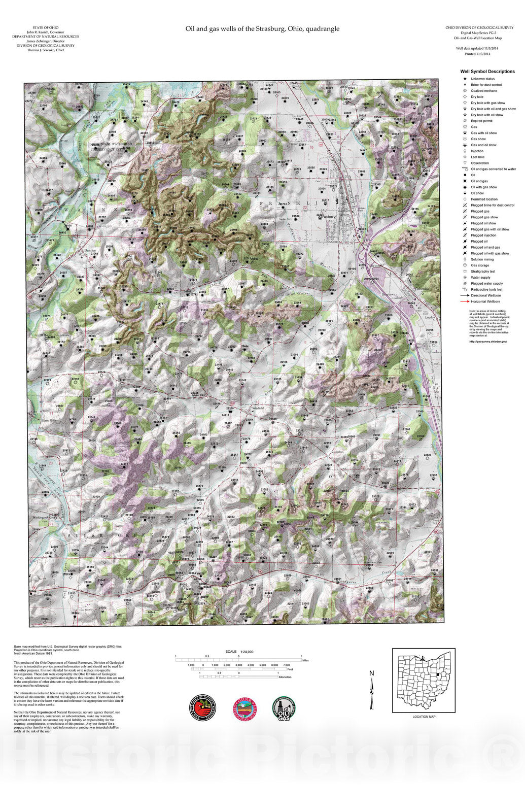 Map : Oil and gas wells of the Strasburg quadrangle [Revised bi-weekly], 2006 Cartography Wall Art :