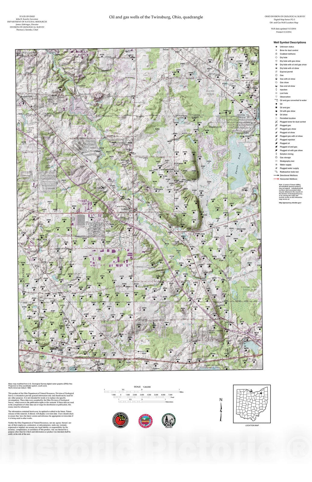 Map : Oil and gas wells of the Twinsburg quadrangle [Revised bi-weekly], 2006 Cartography Wall Art :