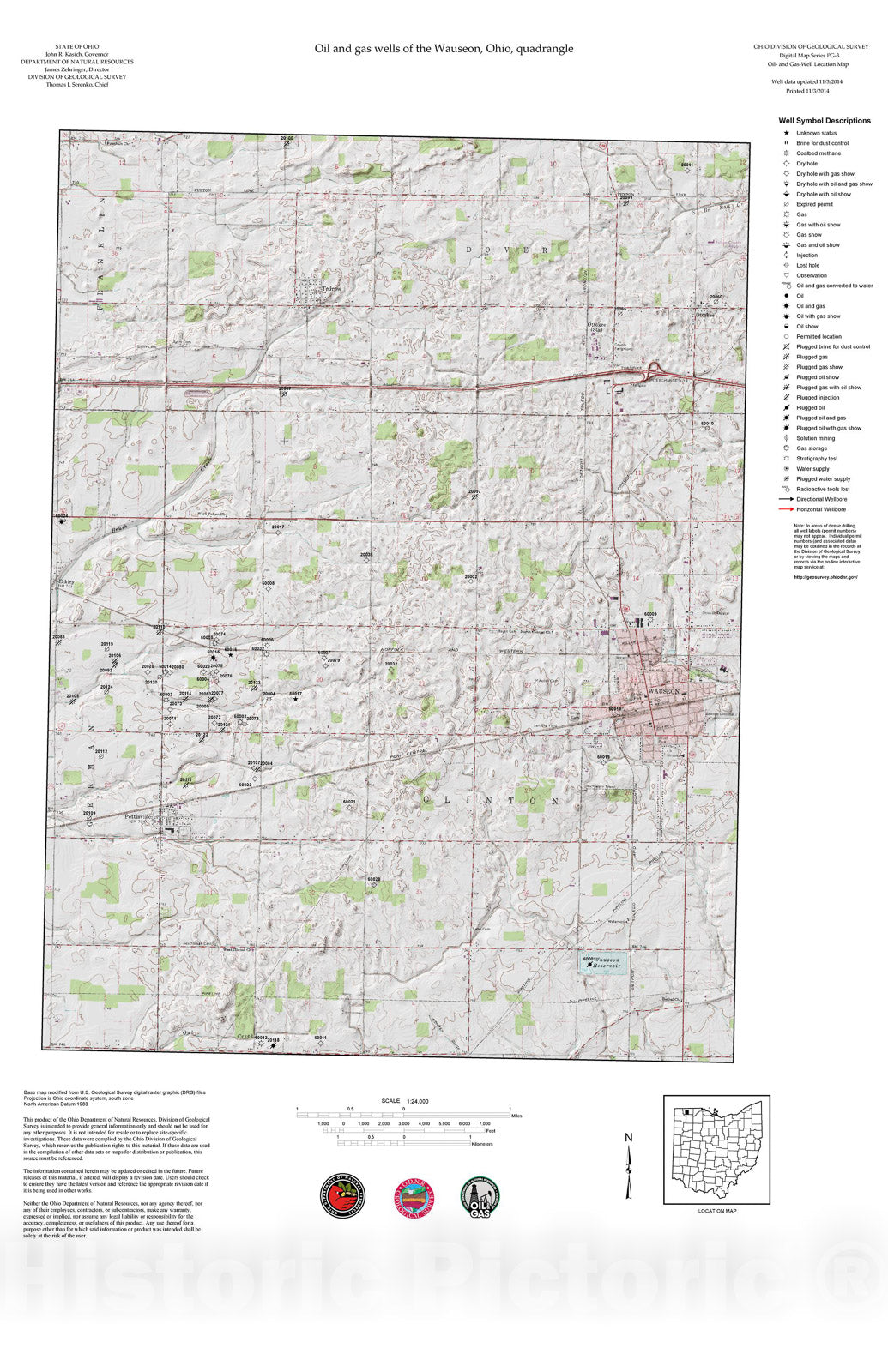 Map : Oil and gas wells of the Wauseon quadrangle [Revised bi-weekly], 2006 Cartography Wall Art :