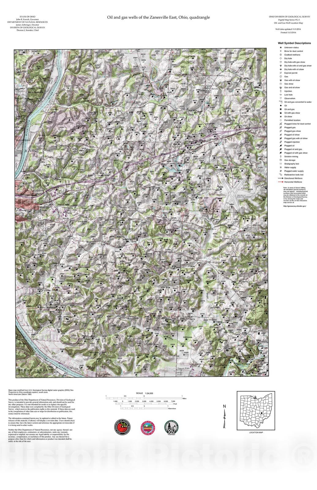 Map : Oil and gas wells of the Zanesville East quadrangle [Revised bi-weekly], 2006 Cartography Wall Art :