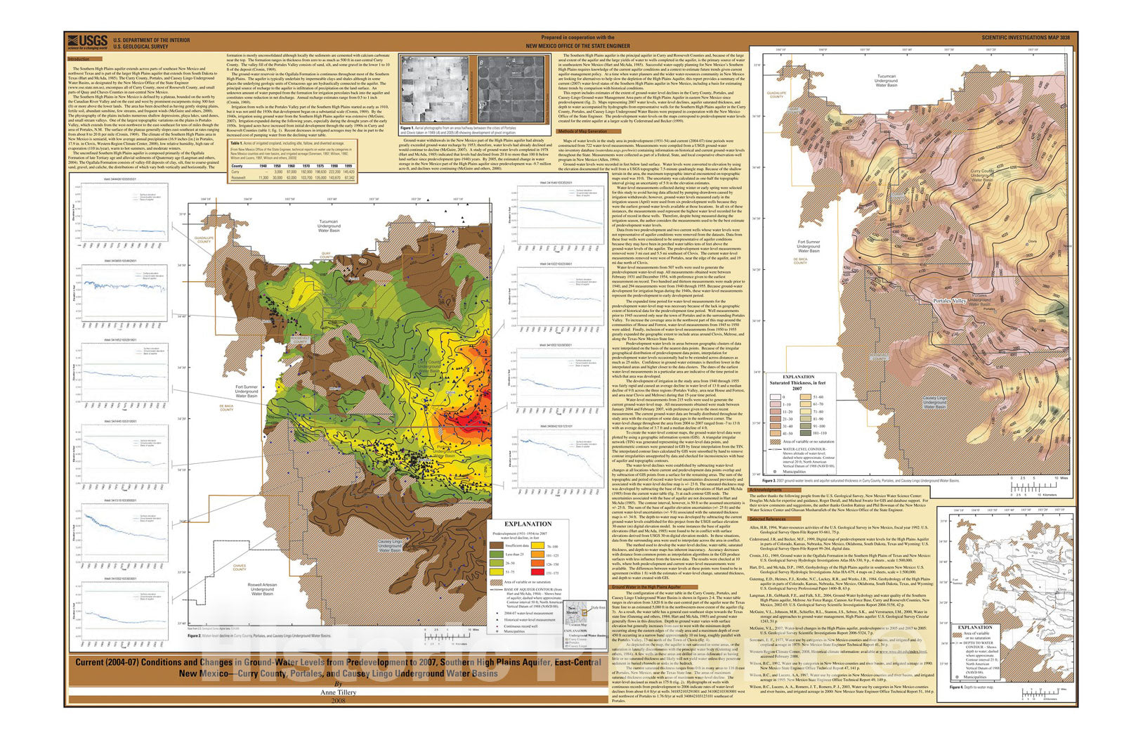 Map : Current (2004-07) conditions and changes in ground-water levels from predevelopment to 2007, Southern High Plains aquifer, east-ce, 2008 Cartography Wall Art :