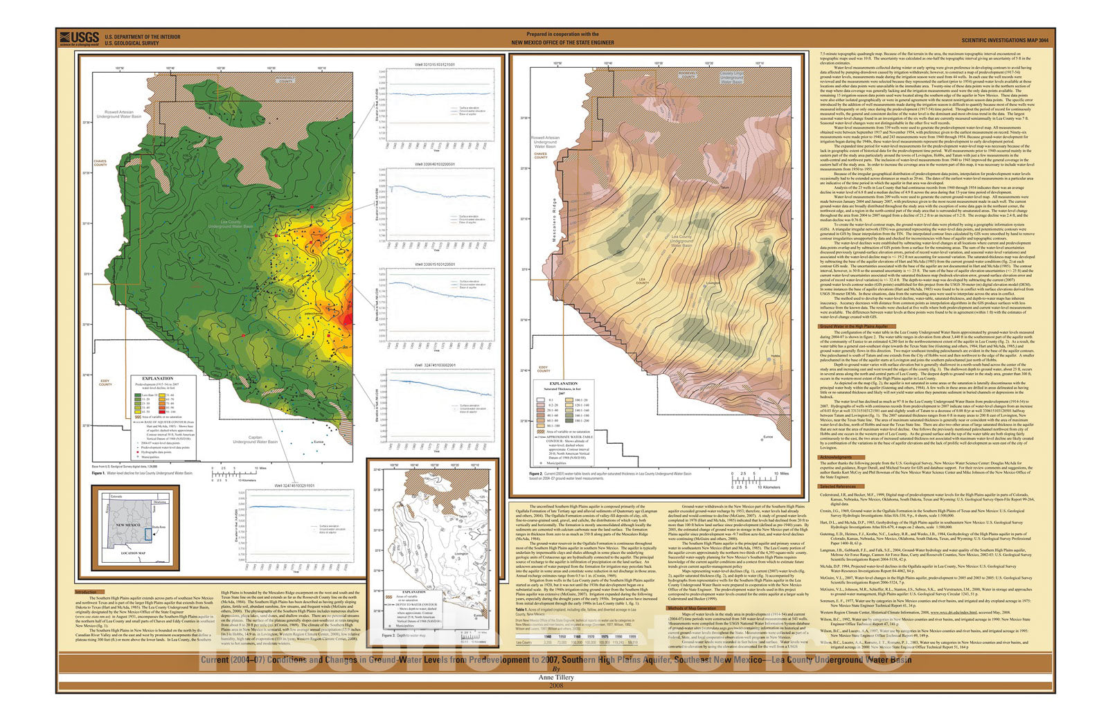 Map : Current (2004-07) conditions and changes in ground-water levels from predevelopment to 2007, Southern High Plains aquifer, southea, 2008 Cartography Wall Art :