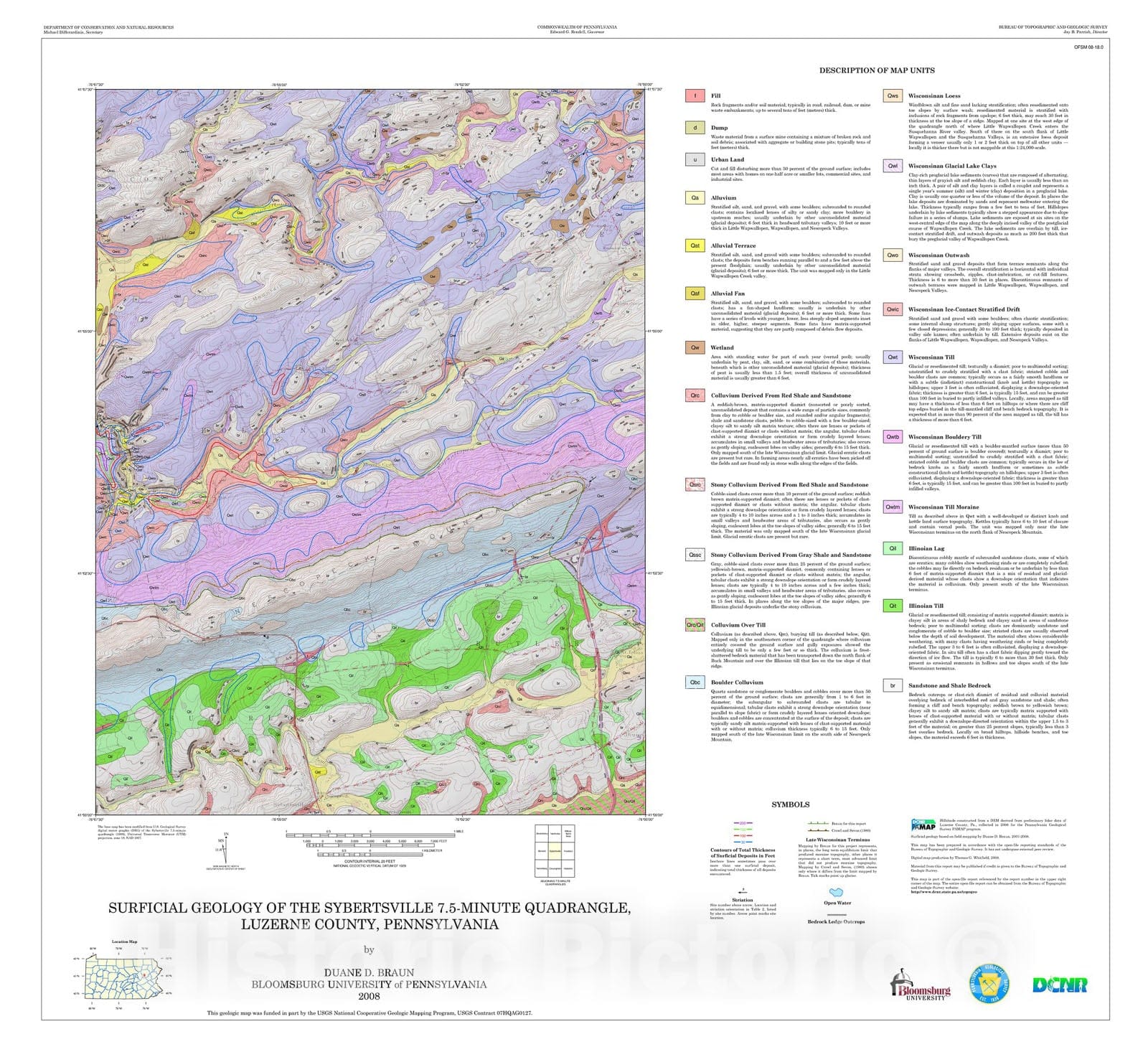 Map : Surficial geology of the Sybertsville 7.5-minute quadrangle, Luzerne County, Pennsylvania, 2008 Cartography Wall Art :