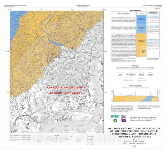 Map : Bedrock geologic map of a portion of the Philadelphia quadrangle, Montgomery and Philadelphia Counties, Pennsylvania, 2008 Cartography Wall Art :